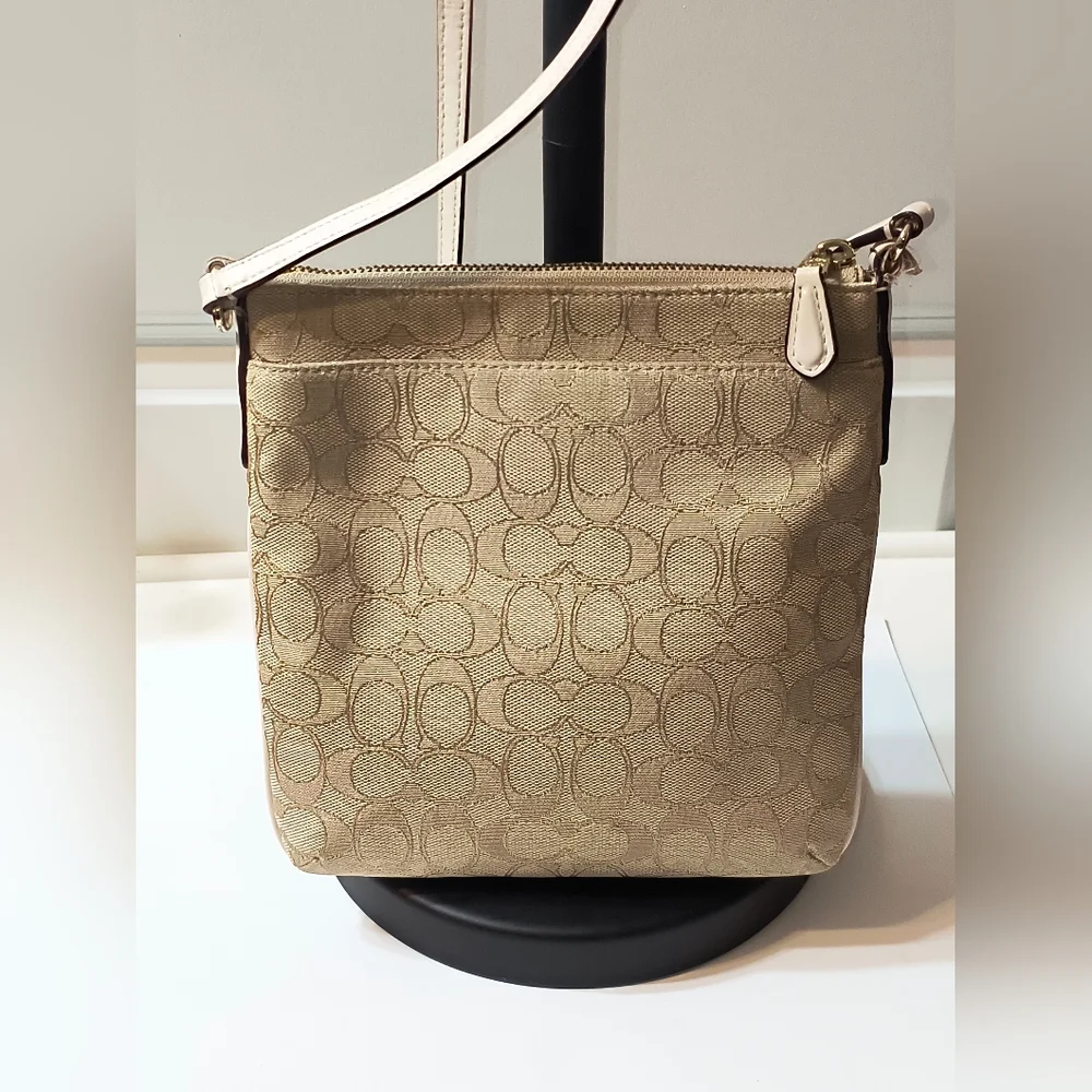 Coach North-South Crossbody Bag Beige Canvas White Trim - Picture 3 of 6